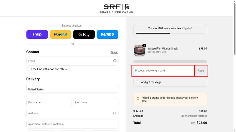 Snake River Farms checkout page showing the Discount code or gift card field and Apply button