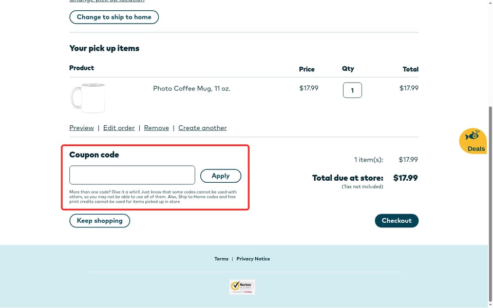 Snapfish checkout page showing the Coupon code field and Apply button