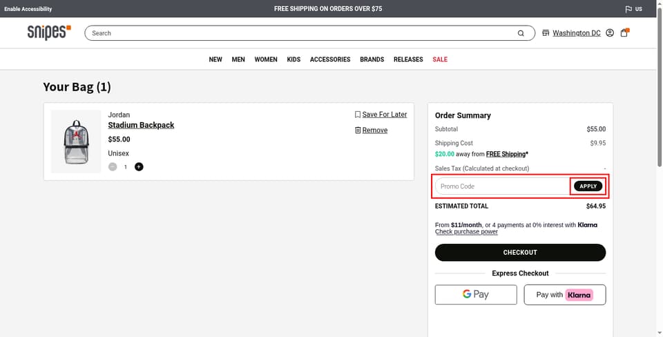Snipes checkout page showing the 