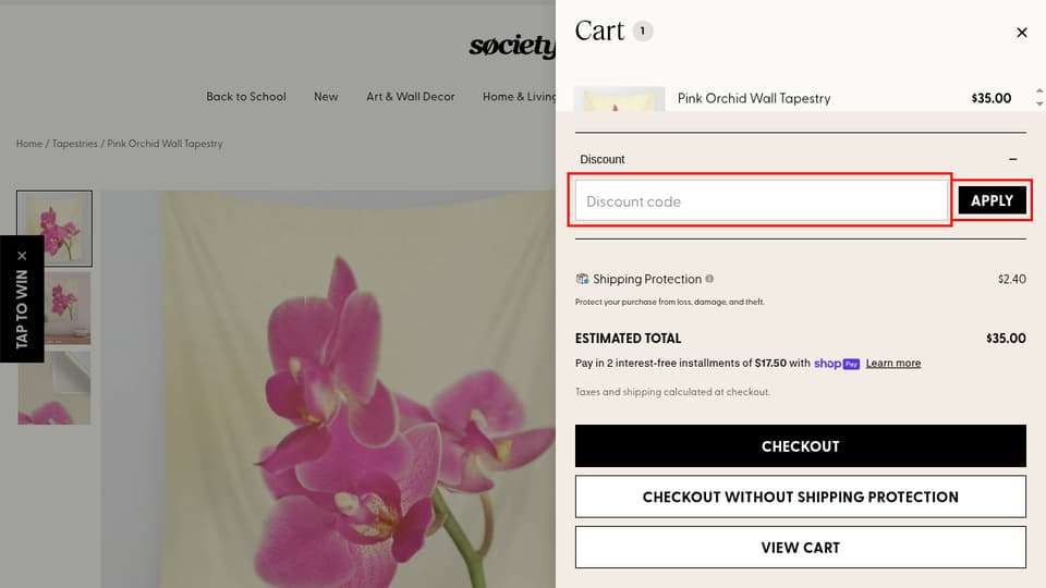 Society6 checkout page showing the Discount code field and APPLY button