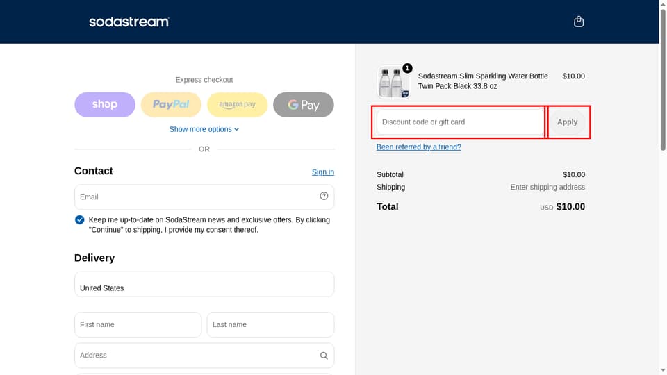 SodaStream checkout page showing the Discount code or gift card field and Apply button