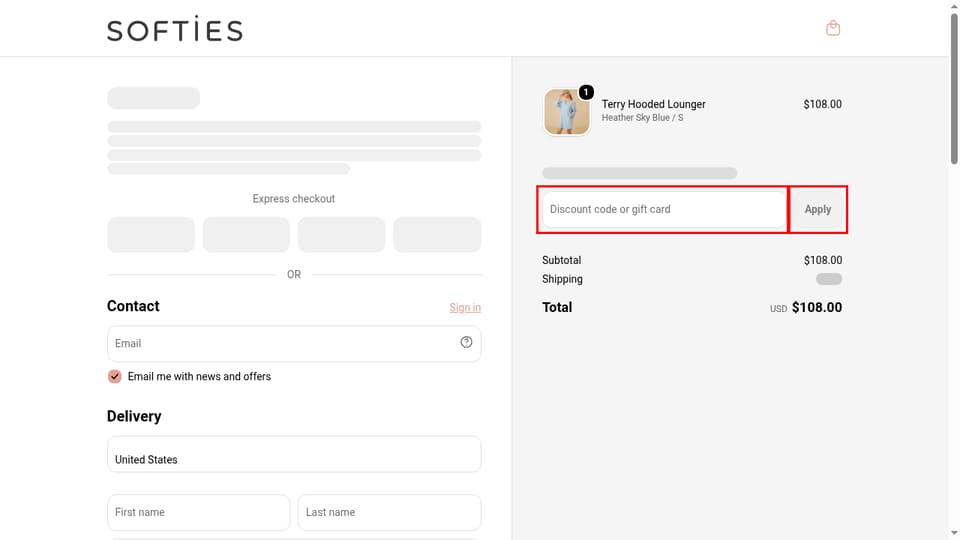 Softies checkout page showing the Discount code or gift card field and Apply button