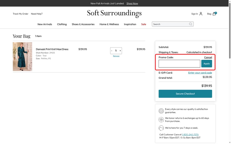 Soft Surroundings checkout page showing the Enter your promo code field and Apply button