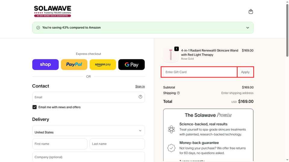 Solawave checkout page showing the Enter Gift Card field and Apply button