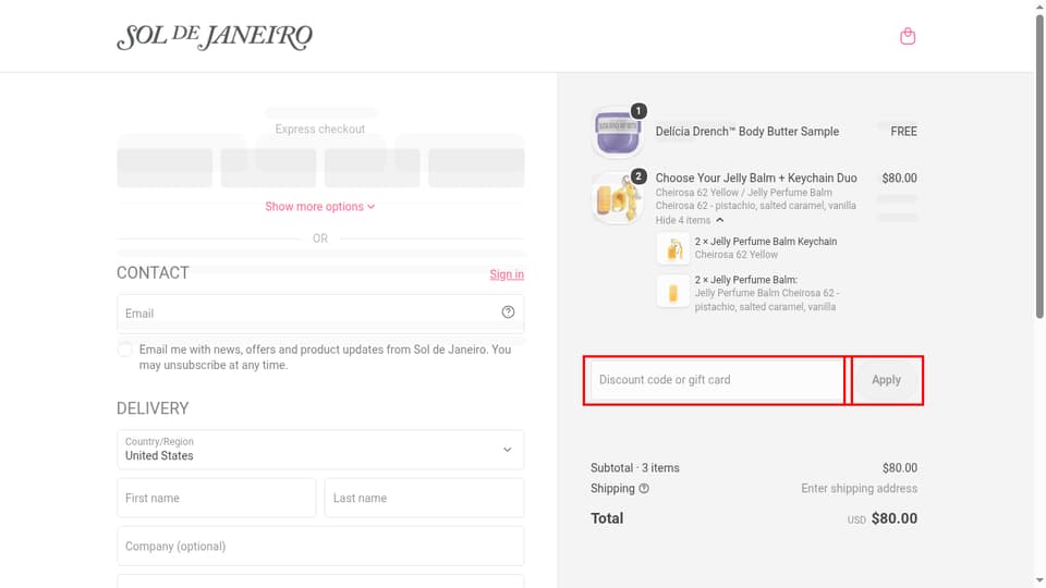 Sol de Janeiro checkout page showing the Discount code or gift card field and Apply button