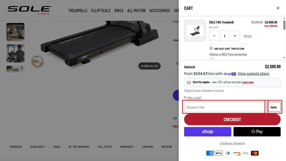 SOLE Fitness checkout page showing the Discount code field and Apply button