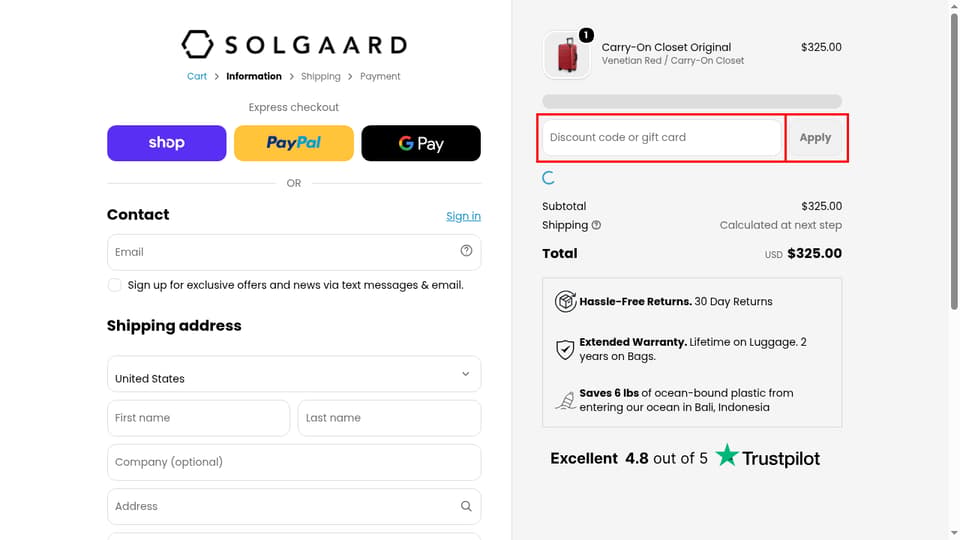 Solgaard checkout page showing the Discount code or gift card field and Apply button