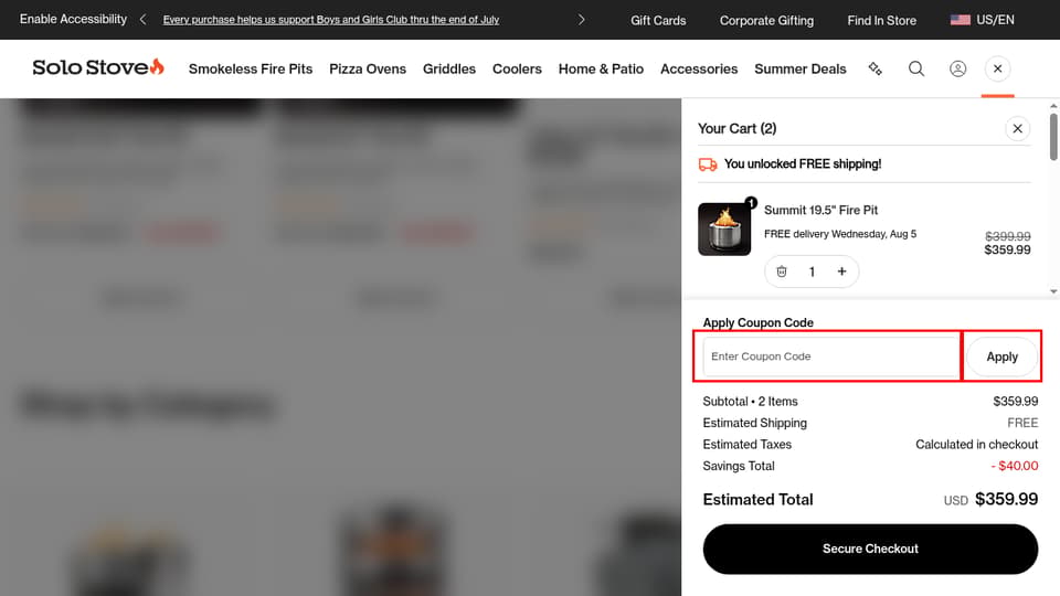 Solo Stove checkout page showing the Enter Coupon Code field and Apply button