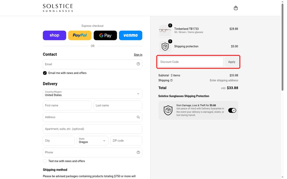 Solstice Sunglasses checkout page showing the Discount Code field and Apply button