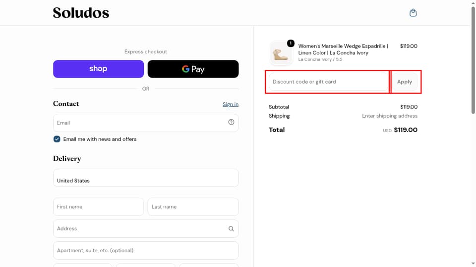 Soludos checkout page showing the Discount code or gift card field and Apply button