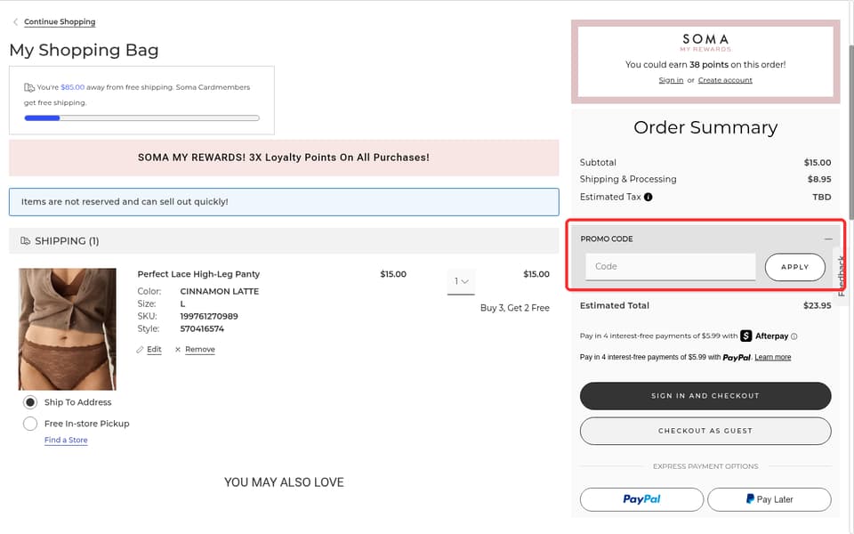 Soma checkout page showing the Code field and Apply button
