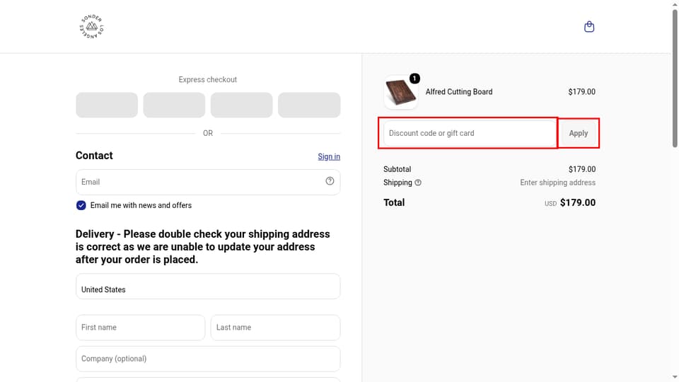 Sonder LA checkout page showing the Discount code or gift card field and Apply button