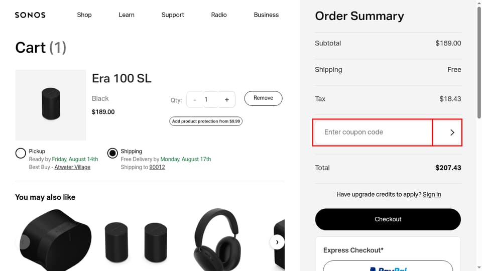 Sonos checkout page showing the Enter coupon code field and Apply button