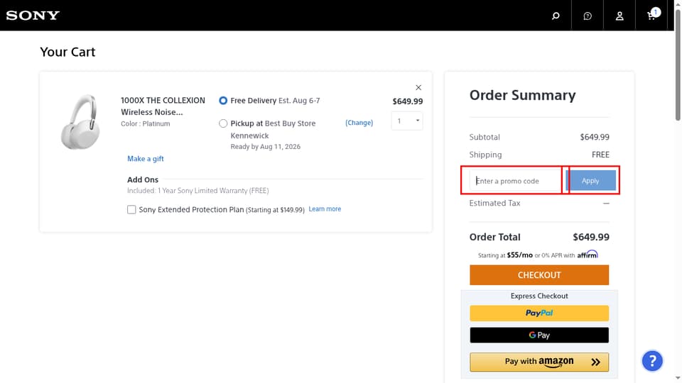 Sony checkout page showing the Enter a promo code field and Apply button