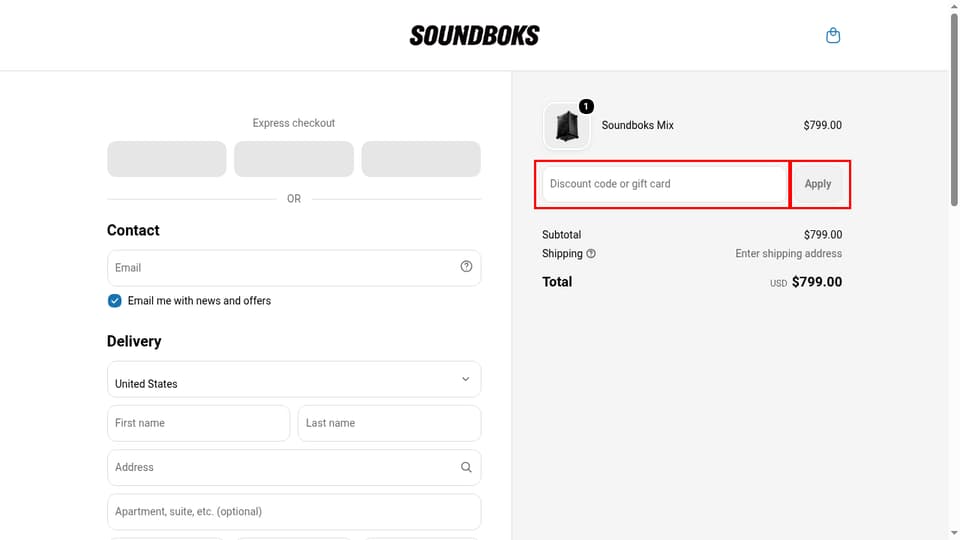 SOUNDBOKS checkout page showing the Discount code or gift card field and Apply button