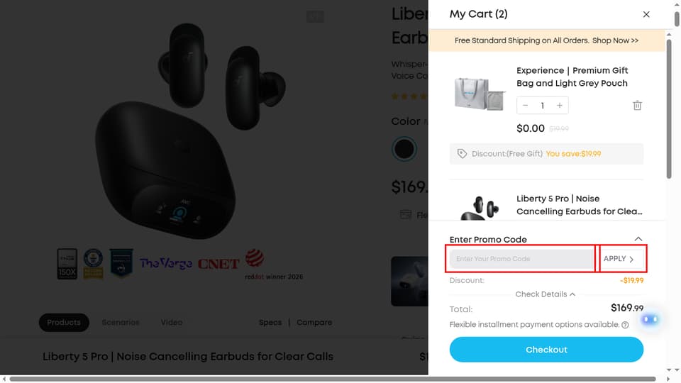 Soundcore checkout page showing the Enter Your Promo Code field and APPLY button