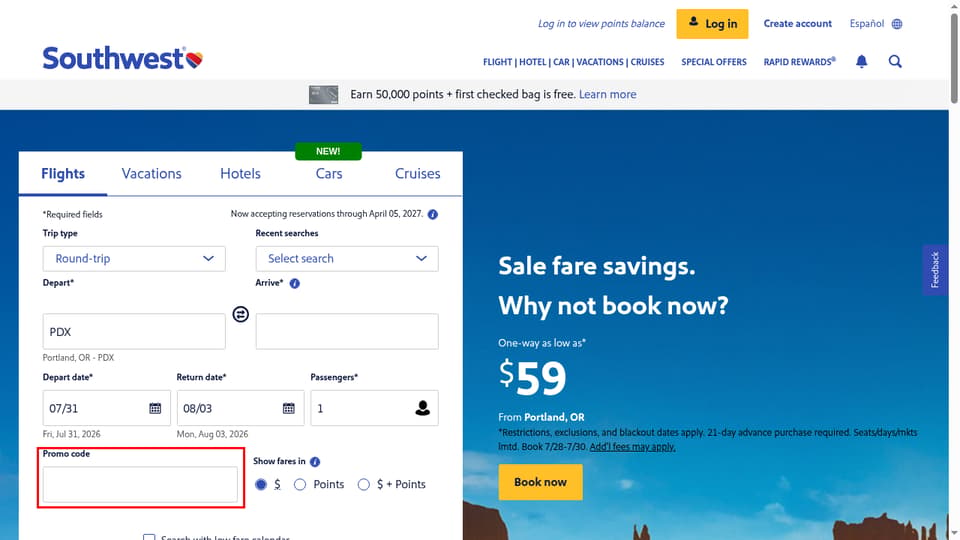 Southwest Airlines checkout page showing the Promo code field and Apply button