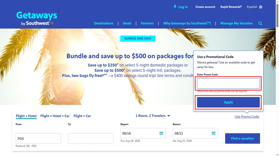Southwest Vacations checkout page showing the Enter Promo Code field and Apply button