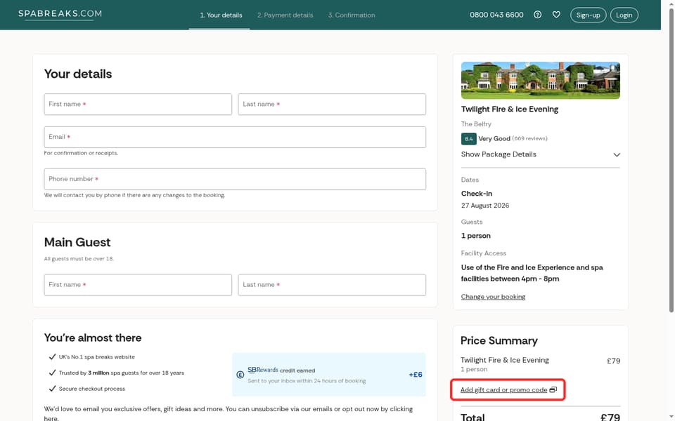 Spabreaks.com checkout page showing the Enter code field and Apply button