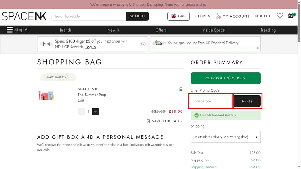 Space NK checkout page showing the Promo Code field and Apply button