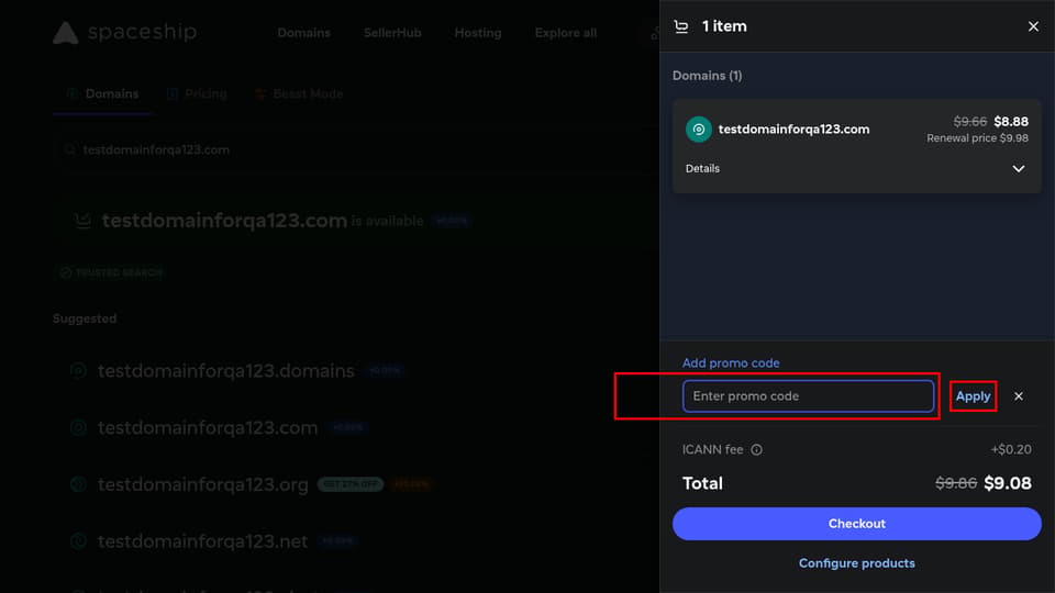 Spaceship checkout page showing the Enter promo code field and Apply button