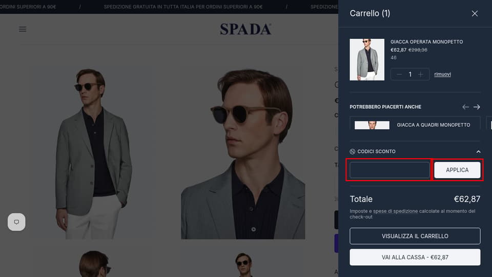 Spada Roma checkout page showing the Codici sconto field and Applica button