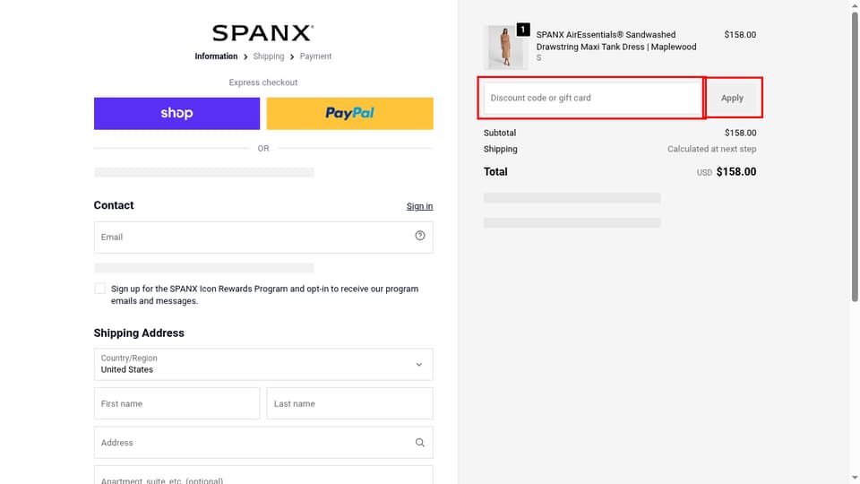 Spanx checkout page showing the Discount code or gift card field and Apply button