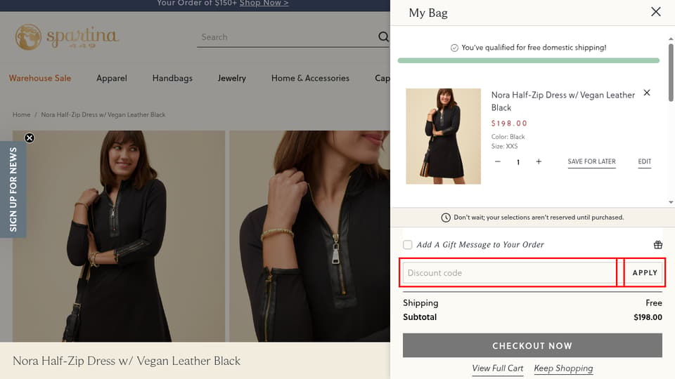 Spartina 449 checkout page showing the Discount code field and Apply button