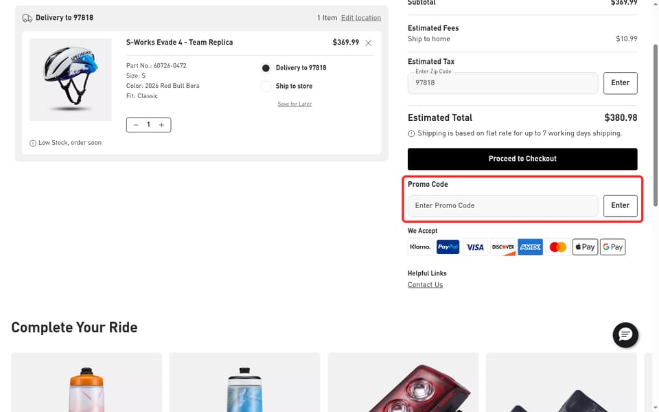 Specialized Bikes checkout page showing the Enter Promo Code field and Enter button