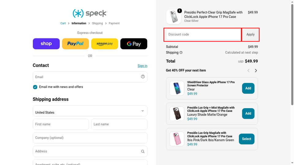 Speck checkout page showing the Discount code field and Apply button