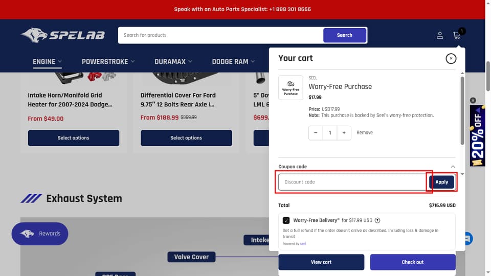 SPELAB Auto Parts checkout page showing the Discount code field and Apply button