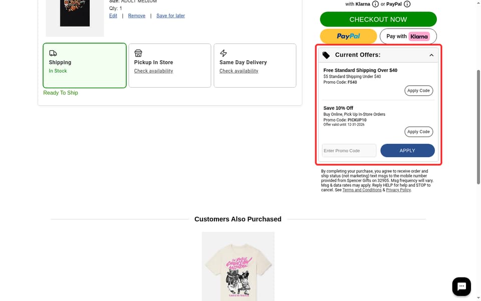 Spencer's checkout page showing the Enter Promo Code field and Apply button