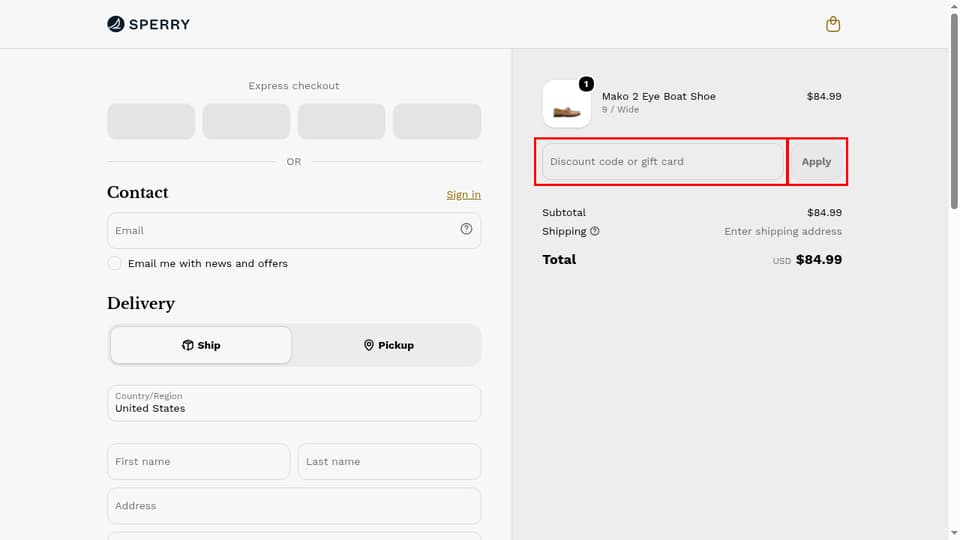 Sperry checkout page showing the Discount code or gift card field and Apply button