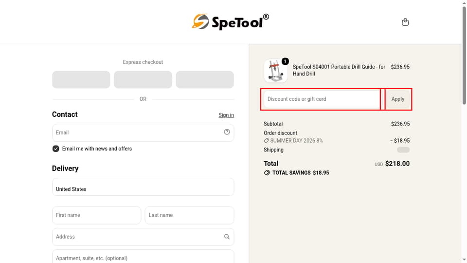SpeTool checkout page showing the Discount code or gift card field and Apply button