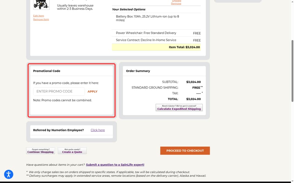 SpinLife checkout page showing the ENTER PROMO CODE field and Apply button