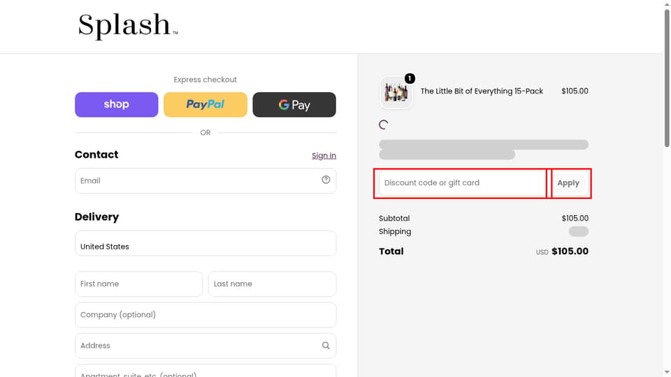 Splash Wines checkout page showing the Discount code or gift card field and Apply button