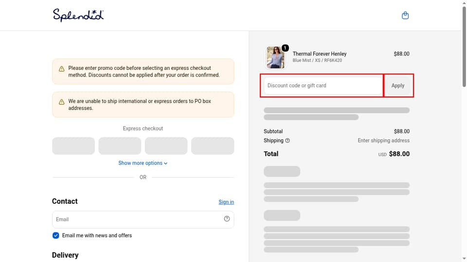 Splendid checkout page showing the Discount code or gift card field and Apply button