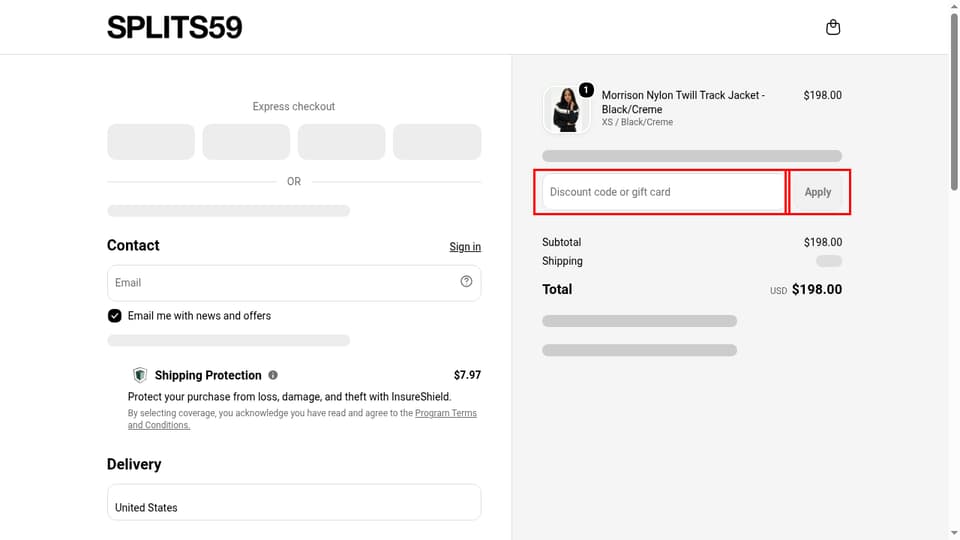 SPLITS59 checkout page showing the Discount code or gift card field and Apply button