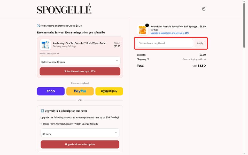 Spongellé checkout page showing the Discount code or gift card field and Apply button