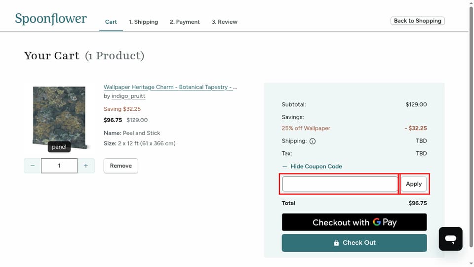 Spoonflower checkout page showing the Coupon Code field and Apply button