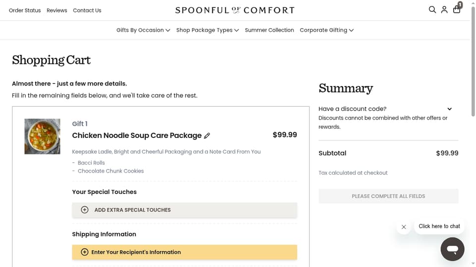 Spoonful of Comfort checkout page showing the Apply a discount code field and Apply button