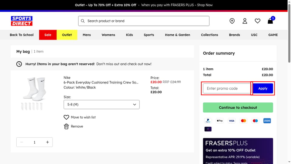 Sports Direct checkout page showing the Enter promo code field and Apply button
