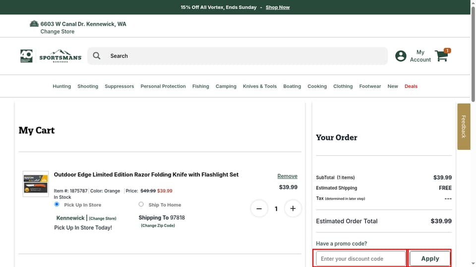 Sportsman's Warehouse checkout page showing the Enter your discount code field and Apply button