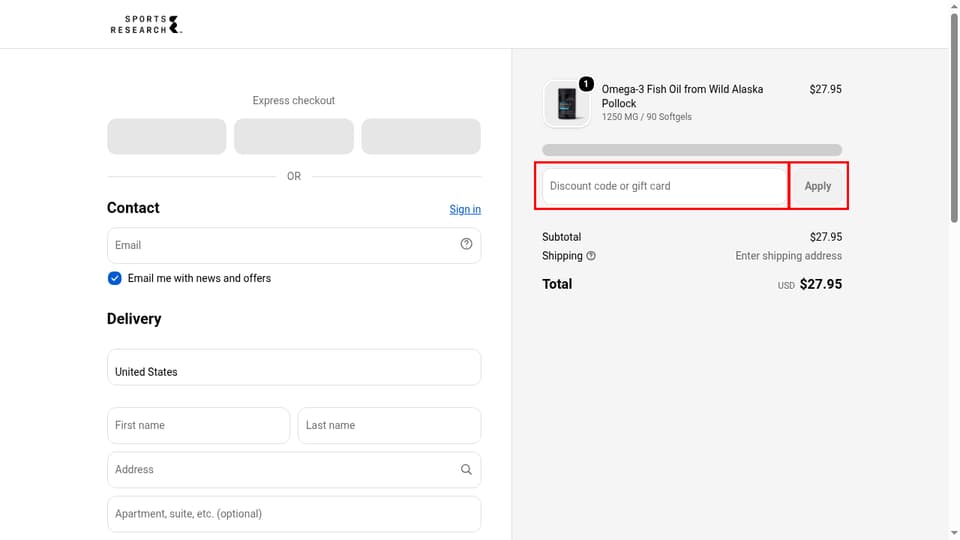 Sports Research checkout page showing the Discount code or gift card field and Apply button