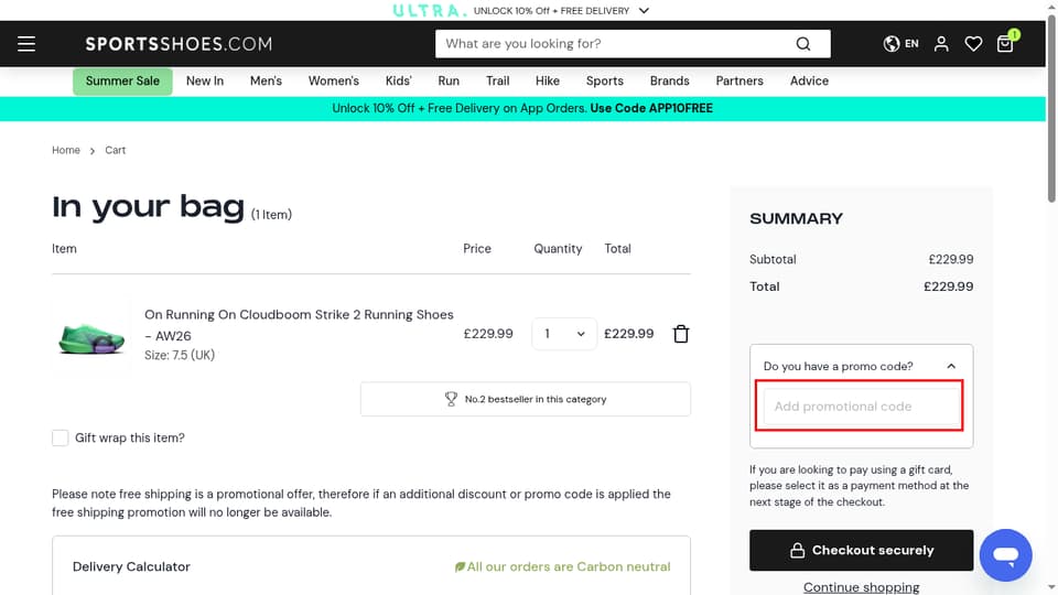 SportsShoes checkout page showing the Add promotional code field and Apply button