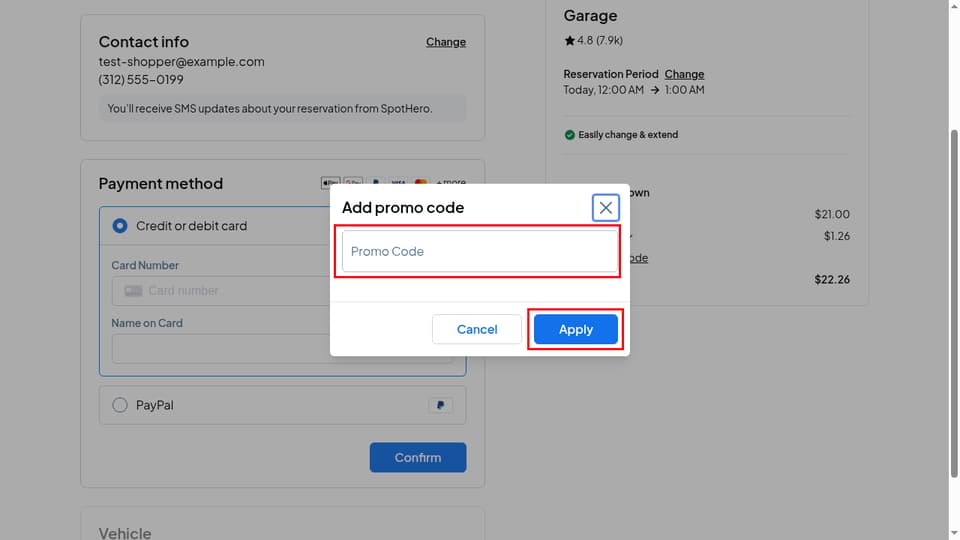 SpotHero checkout page showing the Promo Code field and Apply button