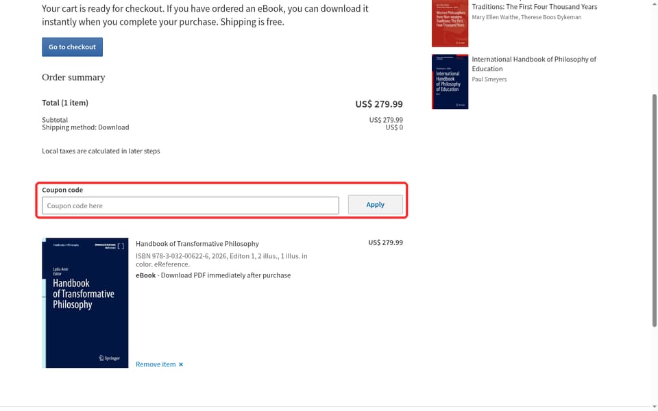 Springer checkout page showing the Coupon code field and Apply button