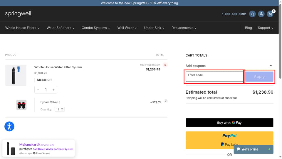 SpringWell Water Filtration Systems checkout page showing the Enter code field and Apply button