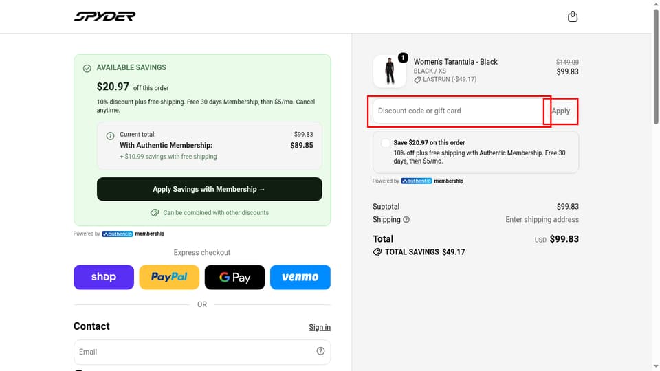 Spyder checkout page showing the Discount code or gift card field and Apply button