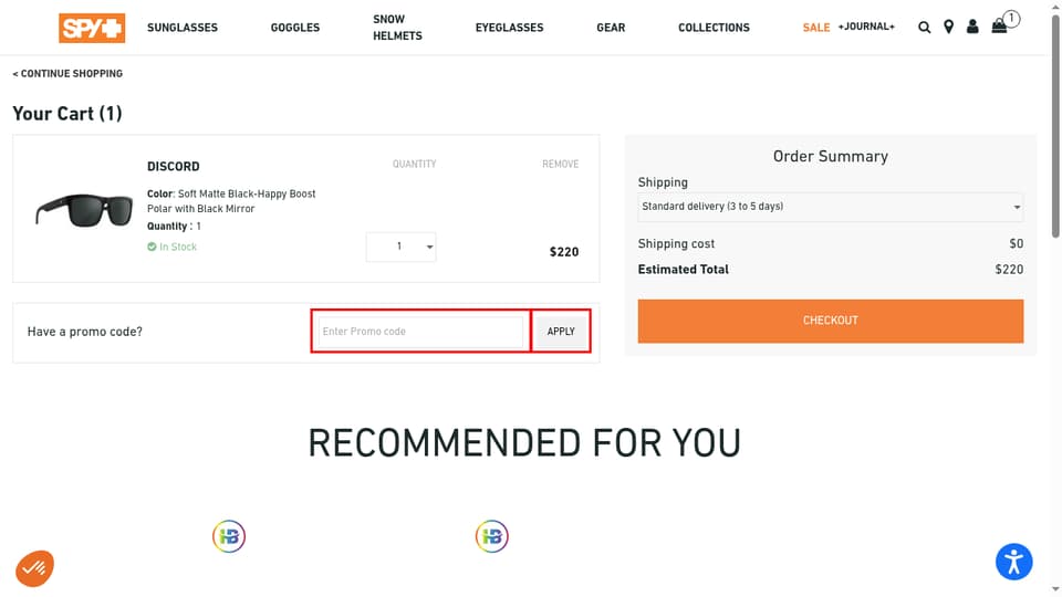 Spy Optic checkout page showing the Enter Promo code field and Apply button